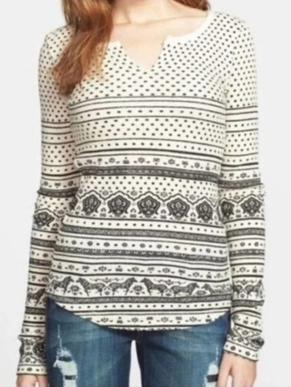 Lucky Brand Cream and Black Zebra Stripe Long Sleeve Thermal Tee Size Medium